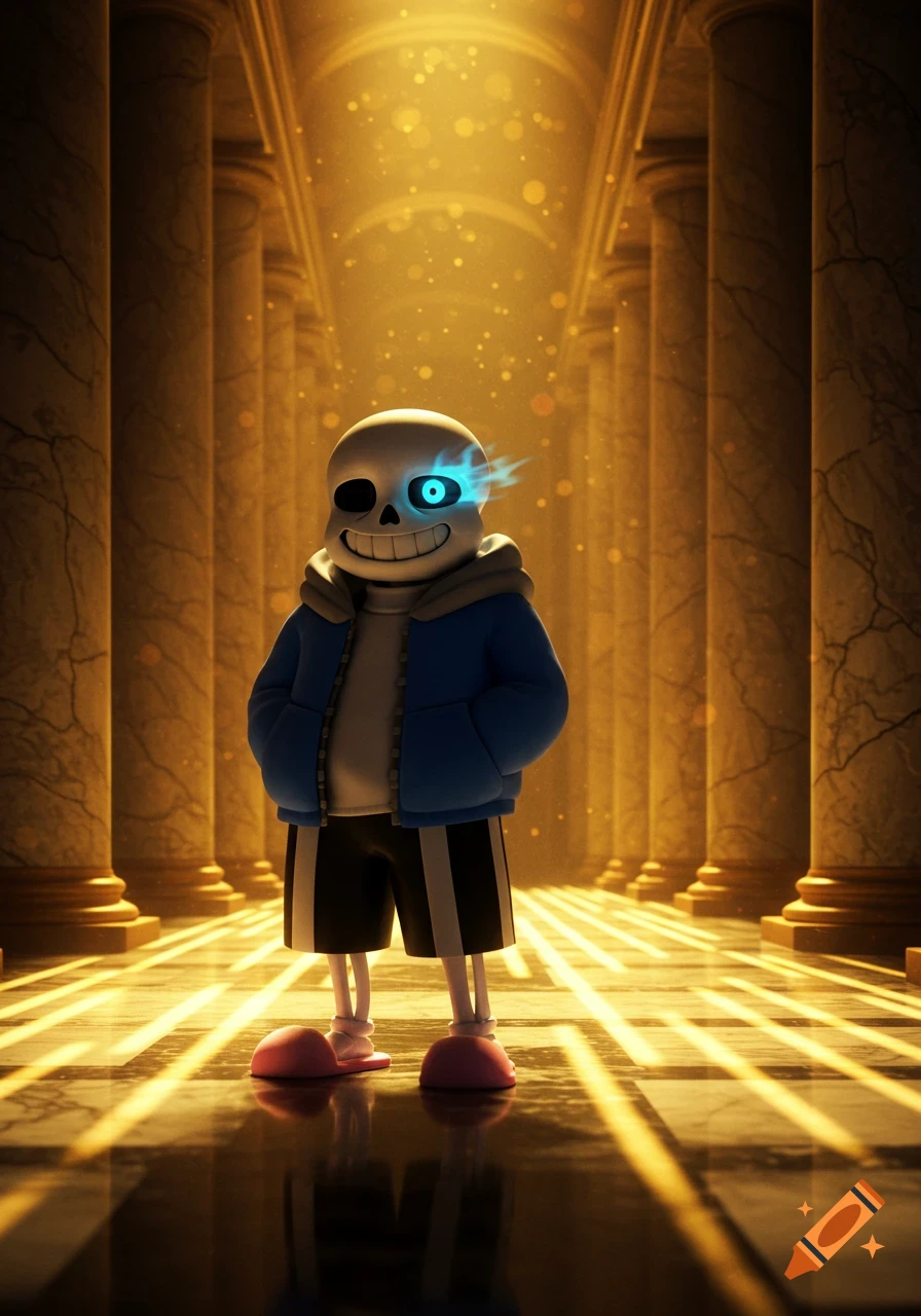 Sans from Undertale stands in a golden, columned hall, his right eye glowing blue.
