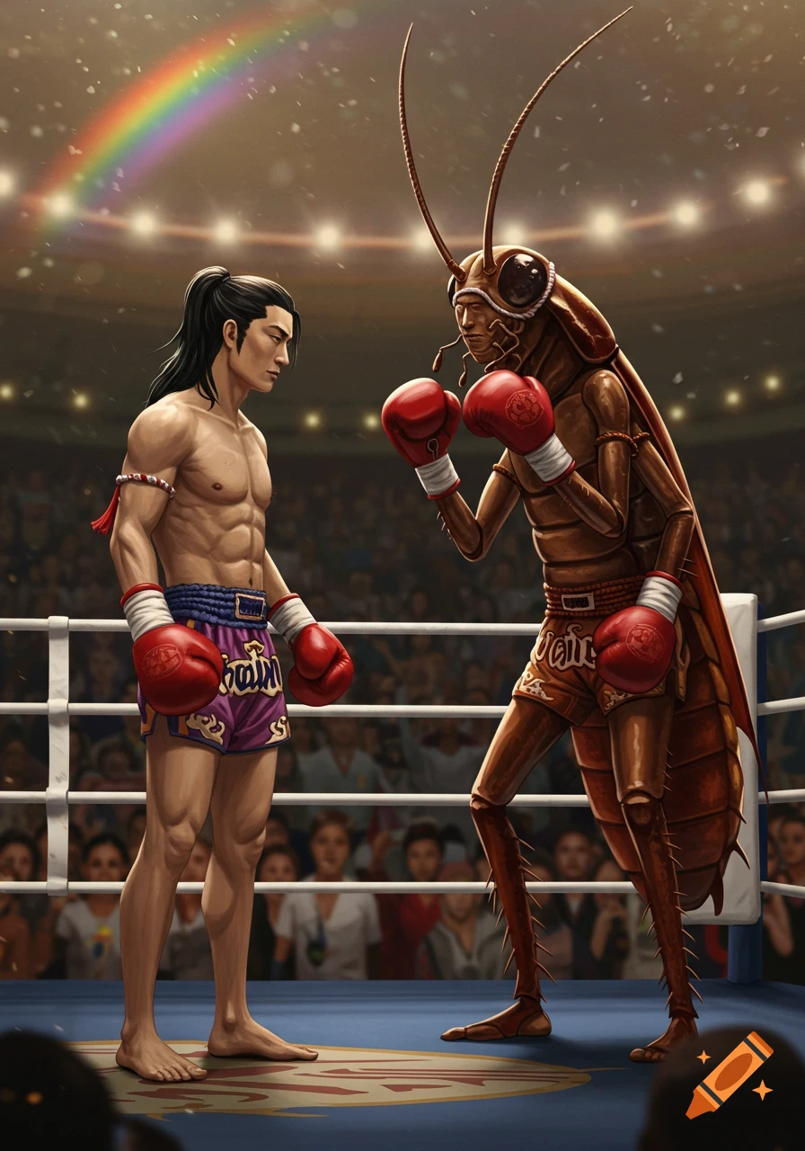 A muscular man and an anthropomorphic cockroach face off in a Muay Thai boxing ring under a rainbow, surrounded by spectators.