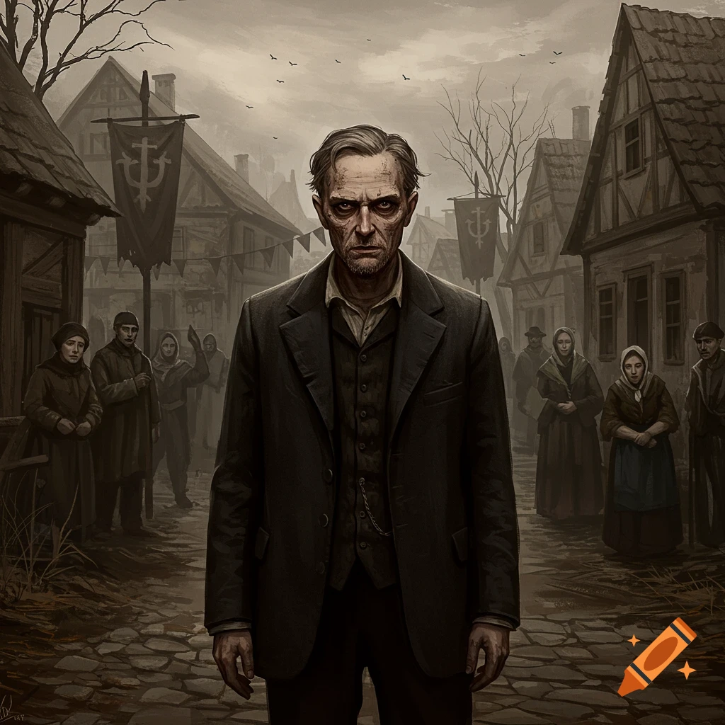 A gaunt man with a stern face stands in a gloomy, old-world village with villagers and half-timbered houses, in a dark art style.