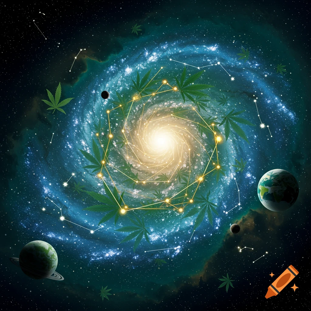 A vibrant spiral galaxy with planets, constellations, and green cannabis leaves orbiting a central glowing light.