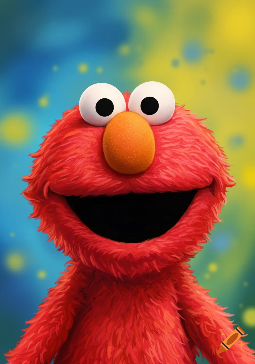 Close-up portrait of Elmo, a red furry monster with large white eyes, an orange nose, and a wide smile, against a colorful blue and yellow blurred background.