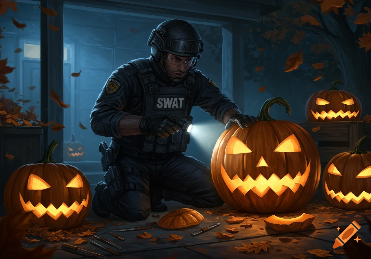 A SWAT officer kneels in a blue-lit, autumn scene, using a flashlight to carve a jack-o'-lantern surrounded by fallen leaves.