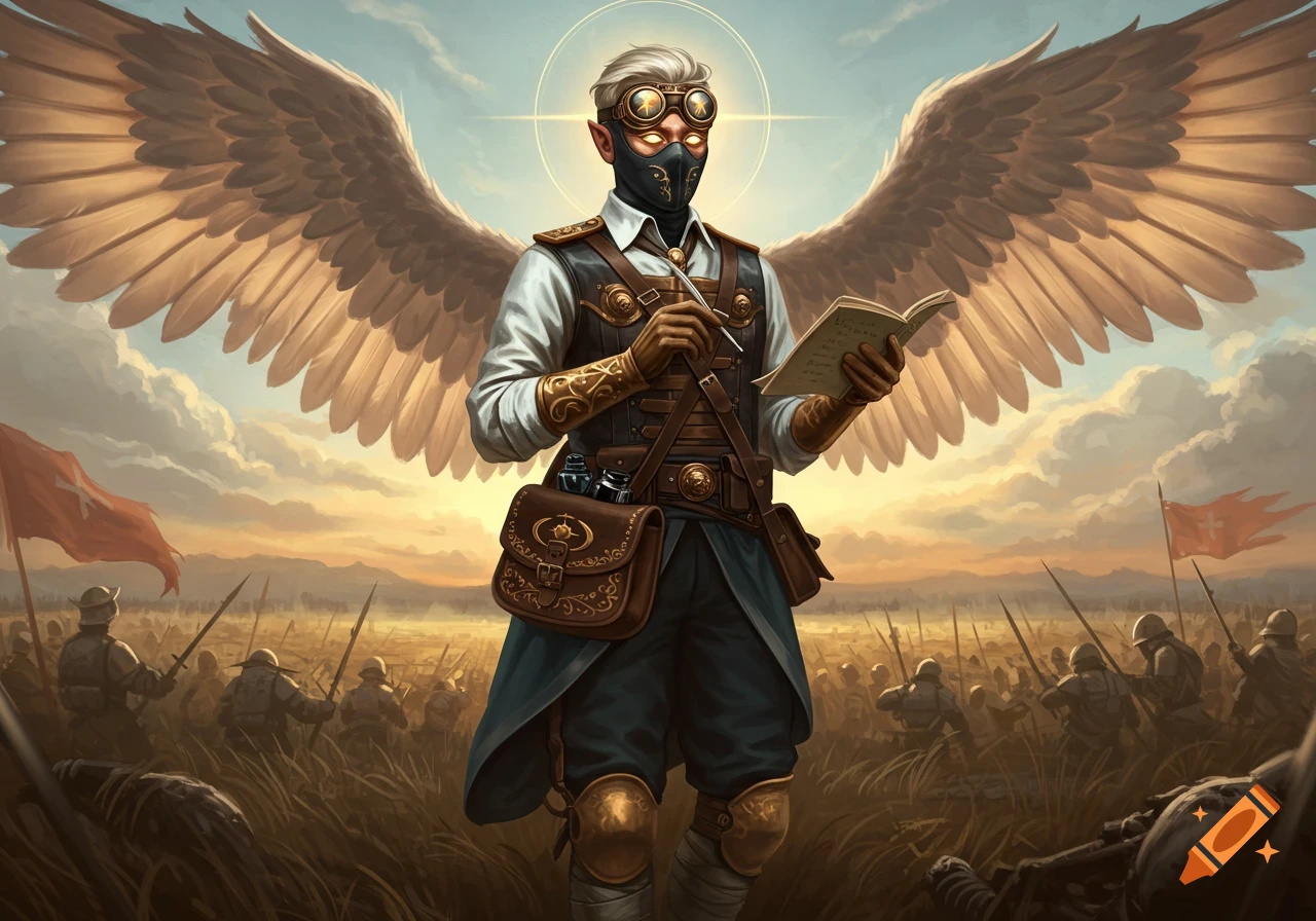 A steampunk-styled angel with large wings, goggles, and a face mask in military attire, holding a book and quill, stands in a field with soldiers in the background during sunset.
