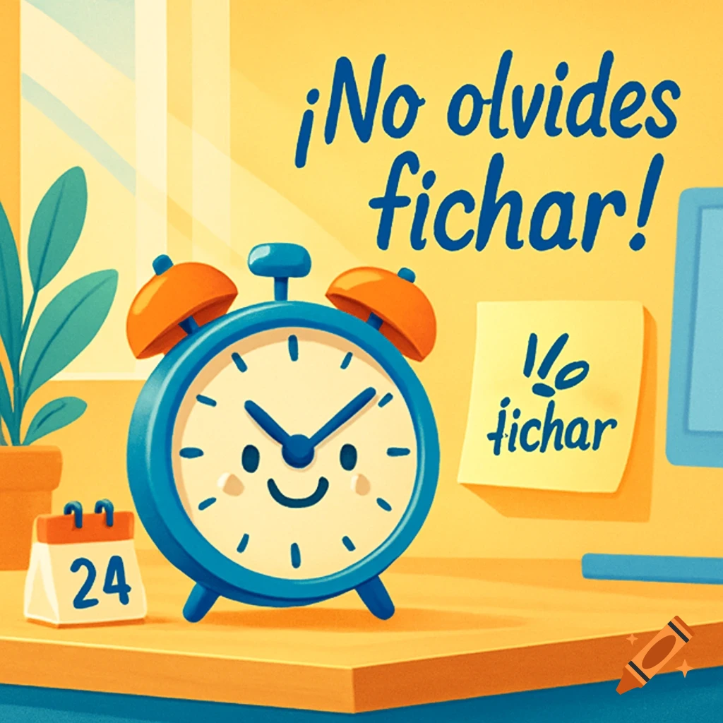 A stylized illustration of a blue cartoon alarm clock on a desk next to a calendar and plant, with text reading '¡No olvides fichar!'.