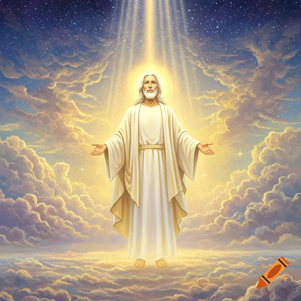 A robed, bearded figure with long hair stands among golden clouds, bathed in divine light from a starry sky.