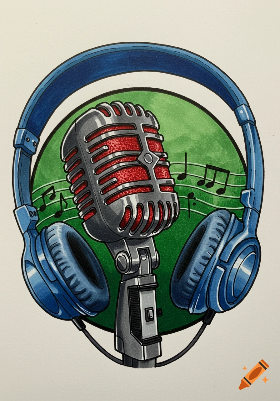 A vibrant illustration of a vintage dark grey microphone with a red grille, surrounded by blue headphones, set against a green circle with musical notes.