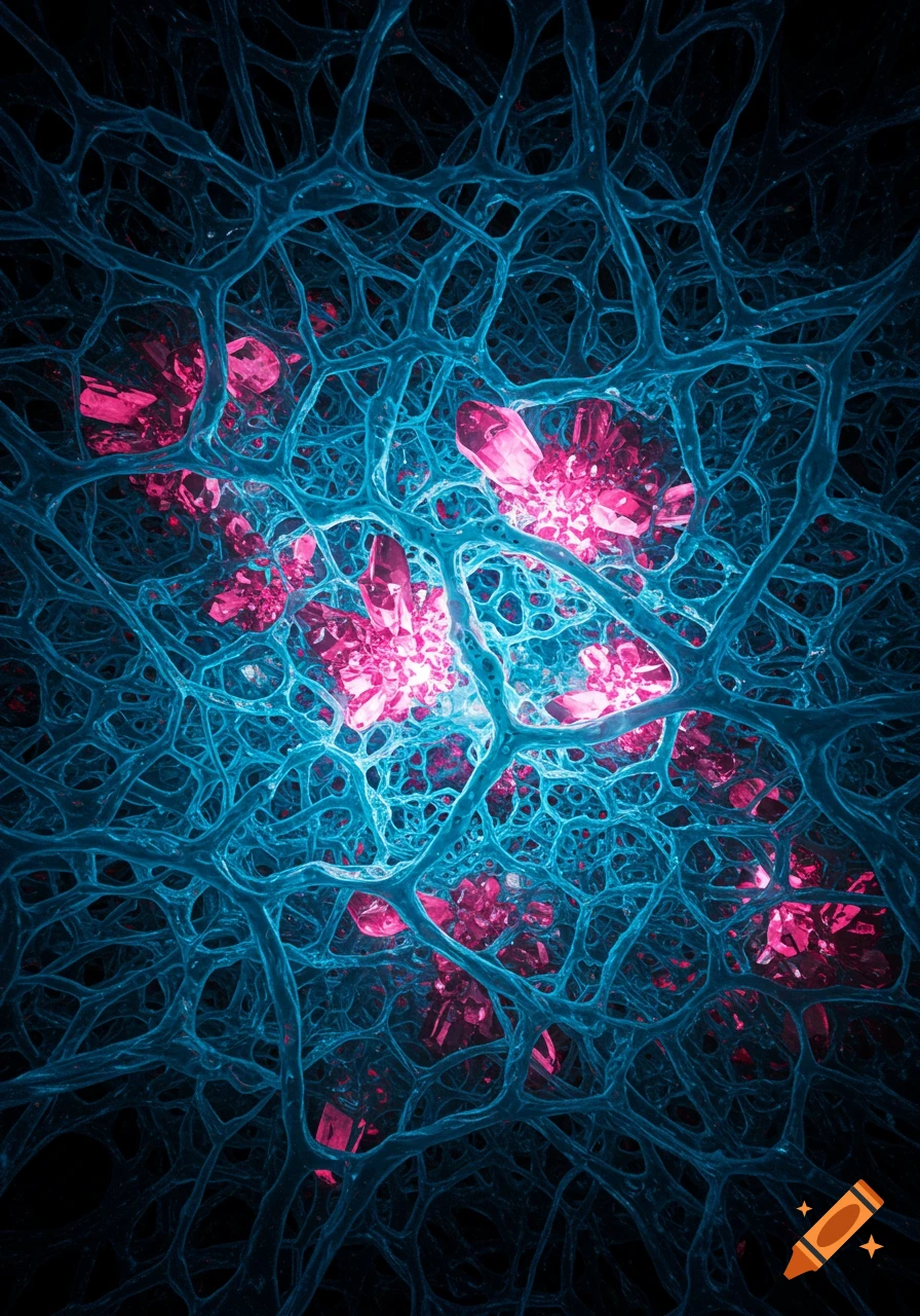 Abstract image of glowing pink crystals embedded within an intricate network of blue, vein-like structures on a dark background.