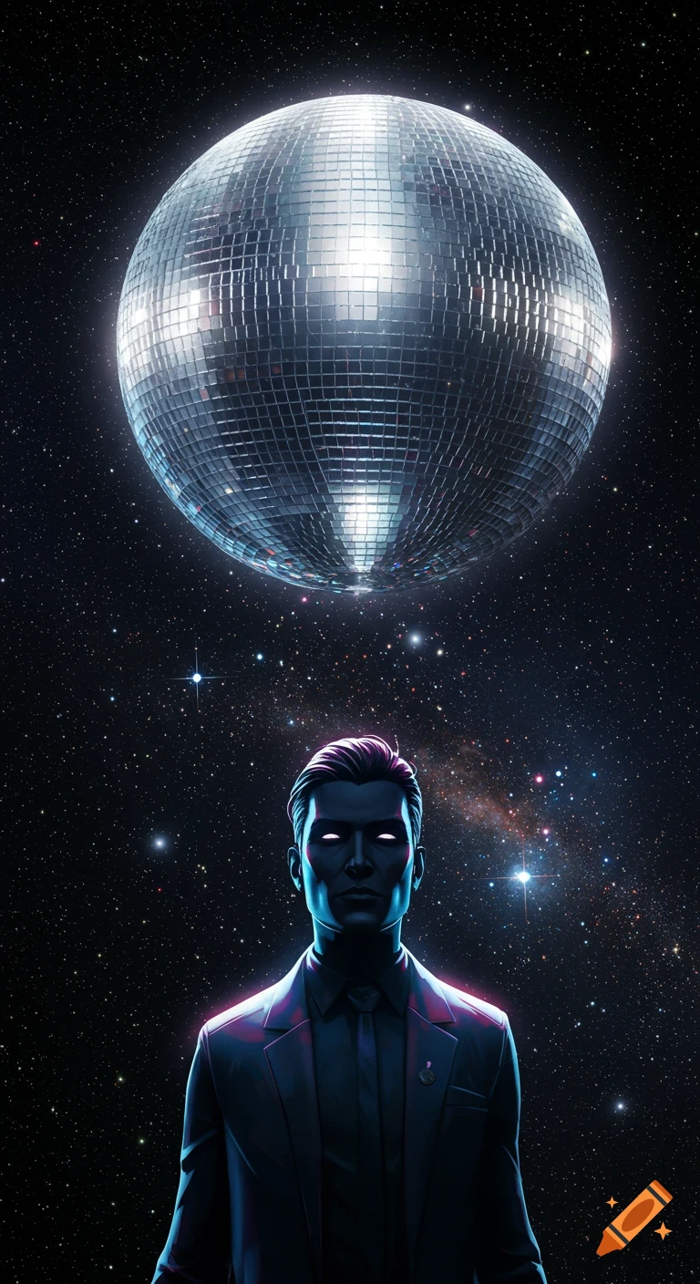 A stylized man in a suit with glowing eyes under a large disco ball, set against a dark, starry cosmic background.
