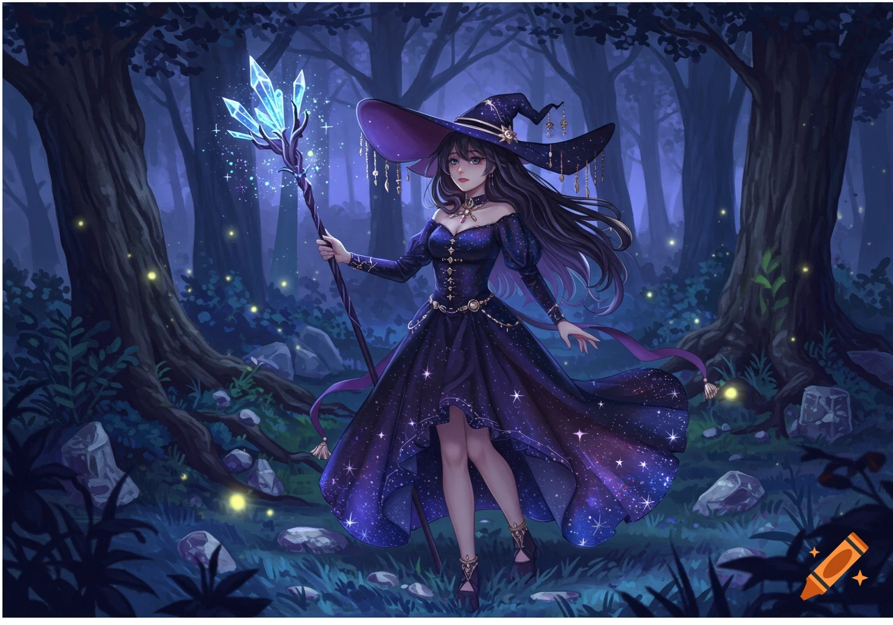 A beautiful brunette anime witch stands in a dark, magical forest at night, holding a glowing crystal staff.