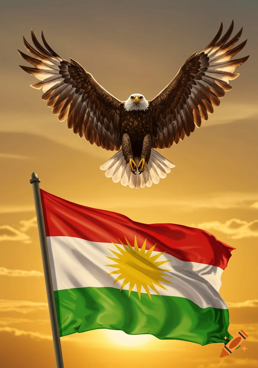A majestic bald eagle with outstretched wings soars above a waving Kurdish flag at sunset.