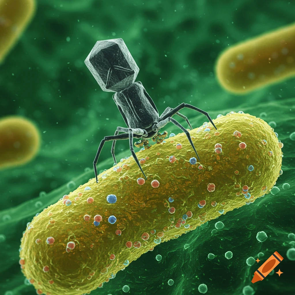 A detailed microscopic view of a T4 bacteriophage infecting a yellow rod-shaped bacterium against a green background.