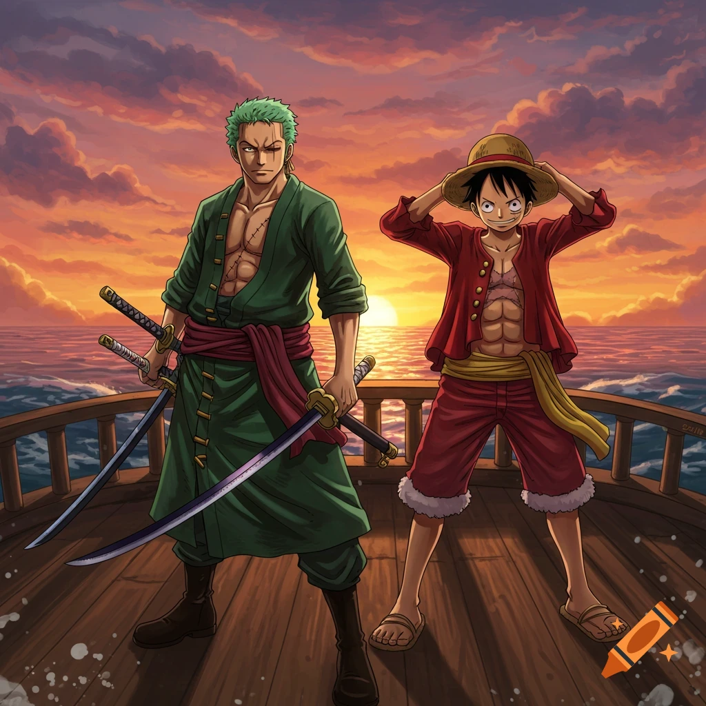 Anime characters Zoro and Luffy stand on a ship deck against a vibrant sunset over the ocean.