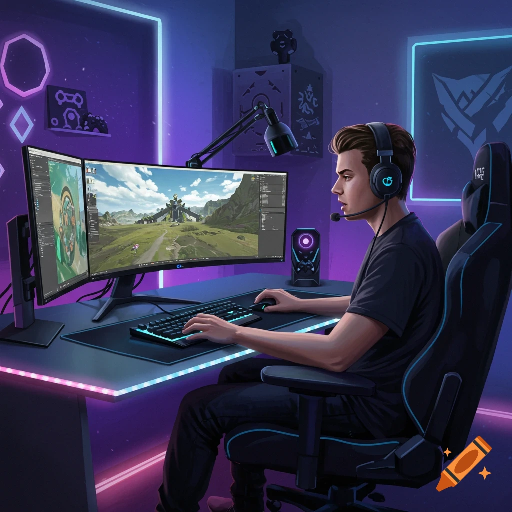 Young man playing video games at a triple-monitor setup in a vibrant neon-lit gaming room, digital illustration.