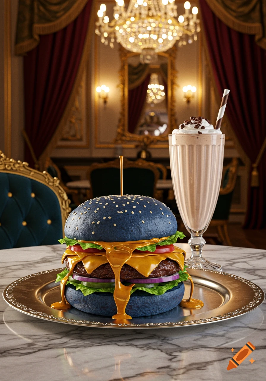 A dark blue hamburger with golden cheese sauce and a chocolate milkshake on a marble table in a luxurious dining room.
