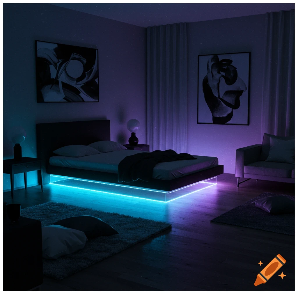 A dark, modern bedroom featuring a black floating bed with glowing blue and purple LED strip lights underneath, creating an aesthetic ambiance.