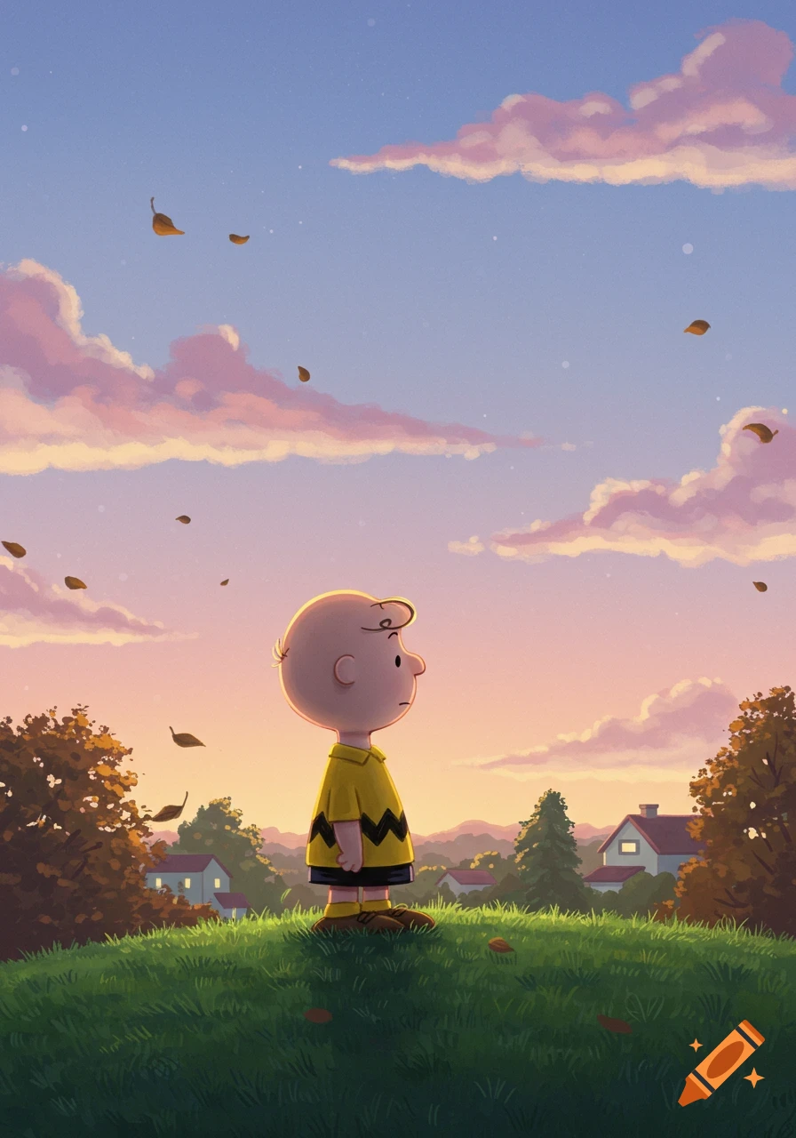 Charlie Brown stands on a grassy hill, gazing at a sunset sky with pink clouds and falling autumn leaves, cartoon illustration.