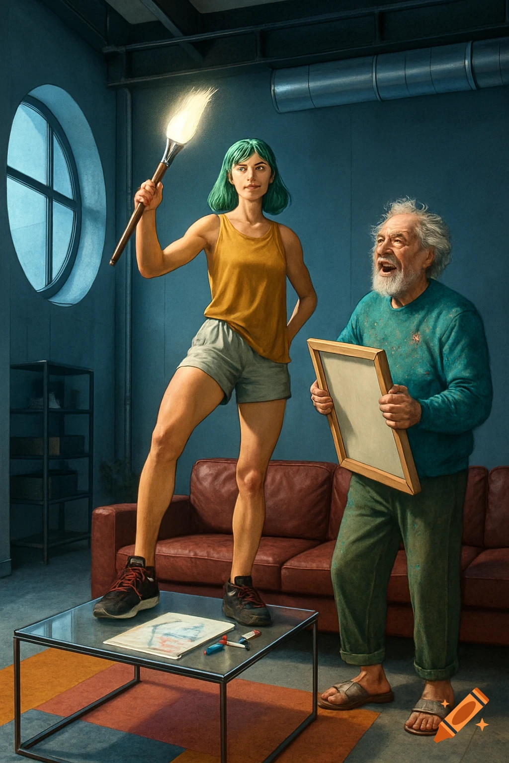A young woman with green hair stands on a table holding a glowing paintbrush, an older bearded man laughs holding an empty frame.