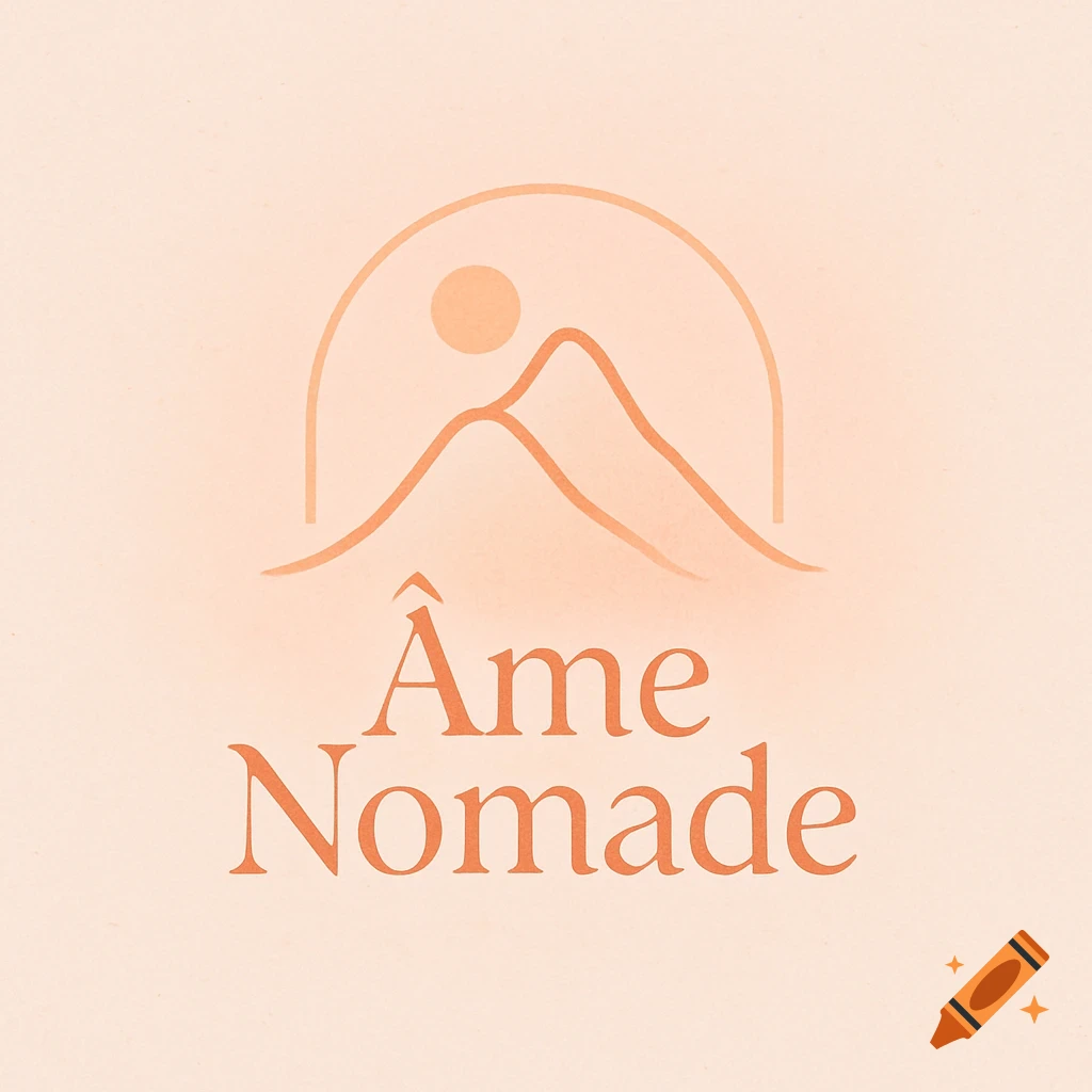 Minimalist logo with an orange stylized mountain and sun, framed by an arch, above the text 'Ã‚me Nomade' on a light peach background.