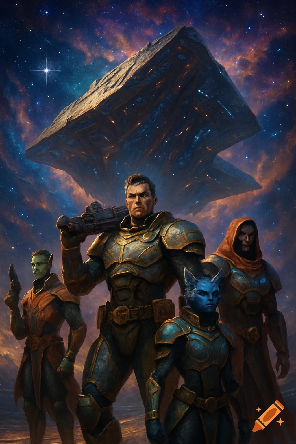A group of diverse armored space opera characters, including humans and aliens, stand before a massive alien structure in a cosmic sky.