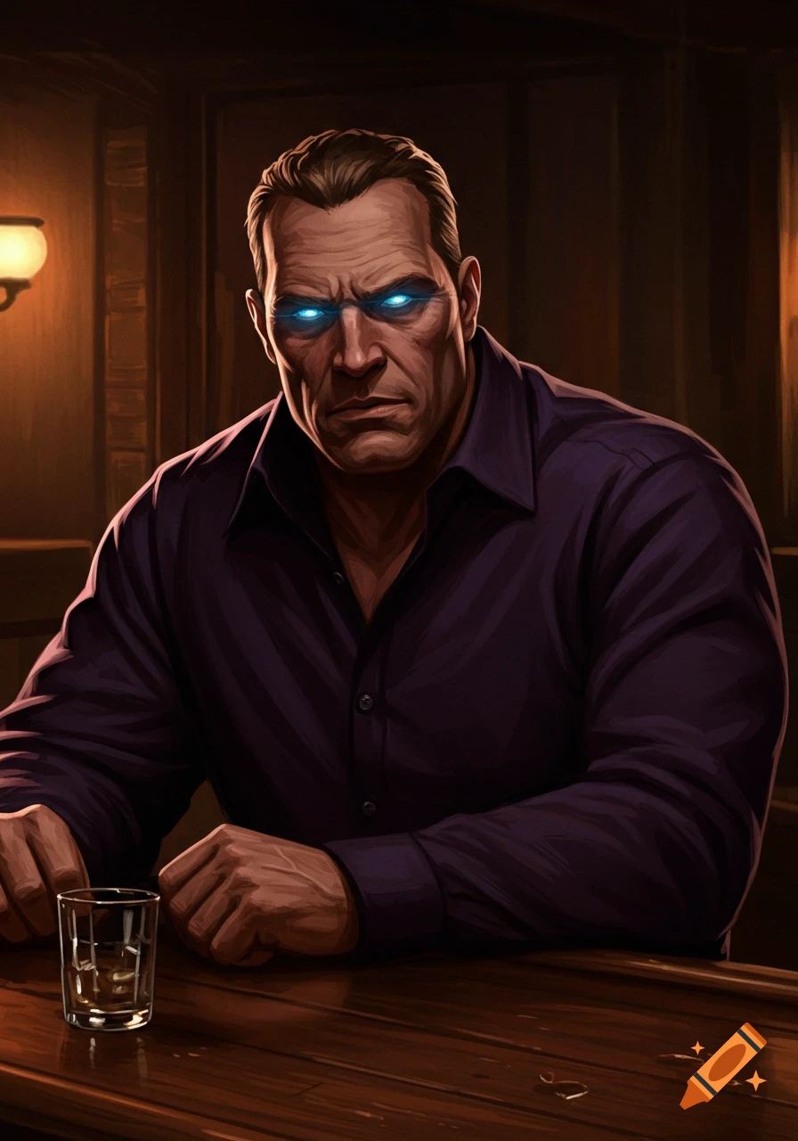 A stylized illustration of a stern man with glowing blue eyes, wearing a purple shirt, sitting at a dark wooden bar with a drink.