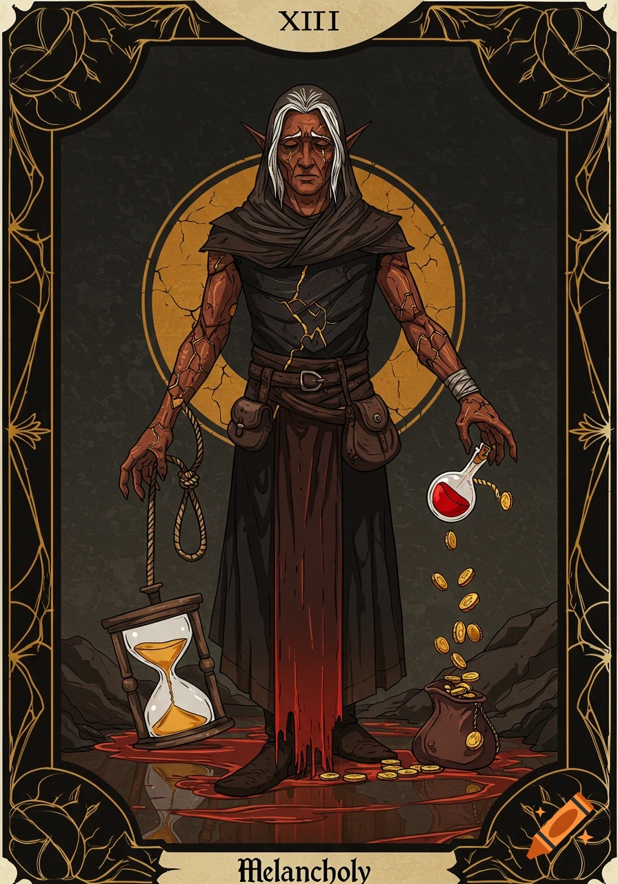 A melancholic elven character with golden cracks on his skin, holding a noose and an hourglass, in a dark fantasy tarot card style illustration.