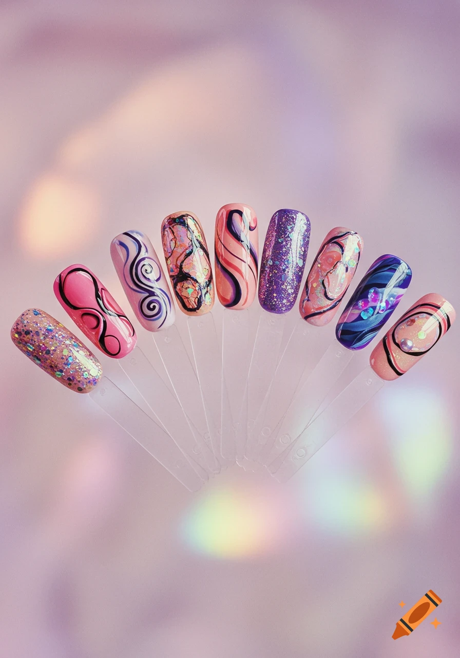 A fan of colorful, abstract nail art designs featuring glitter, swirls, and marbling on plastic tips, against a soft purple background.
