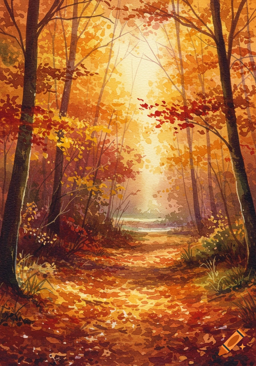 Watercolor painting of an autumn forest path bathed in warm golden ...