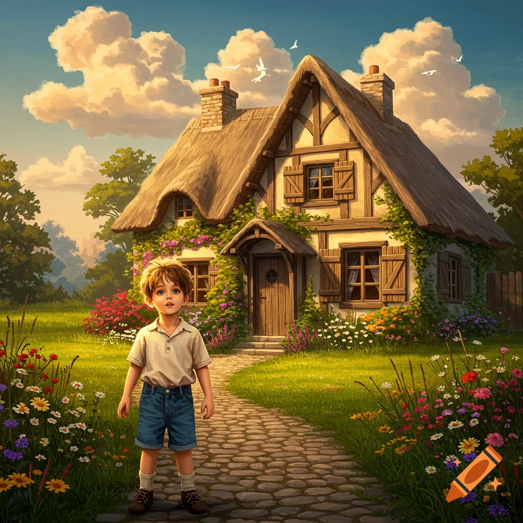 A young boy stands on a cobblestone path in front of a charming thatched-roof cottage amidst colorful flowers and green grass under a cloudy sky.