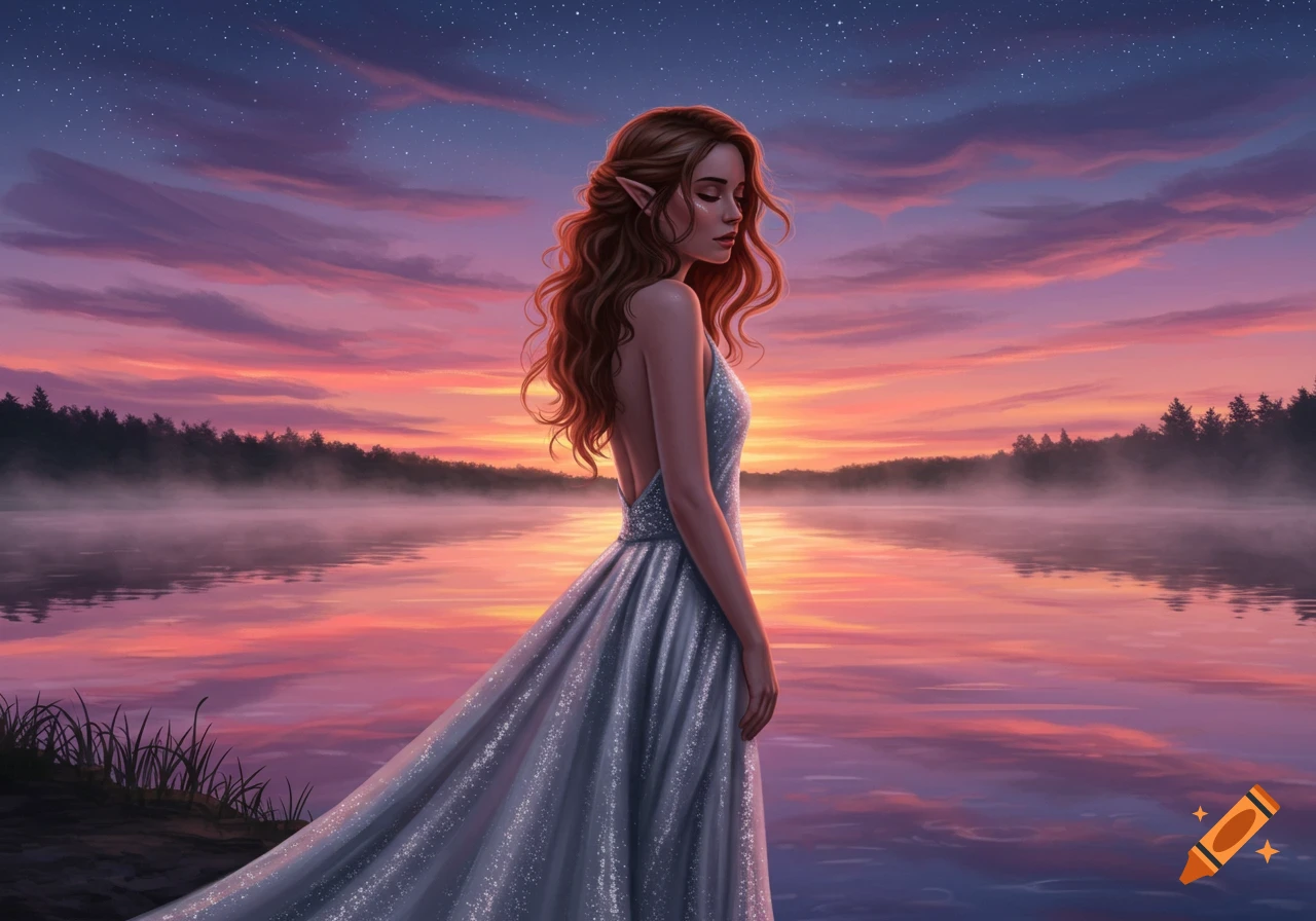 A serene elf-like woman in a shimmering gown stands by a misty lake at ...