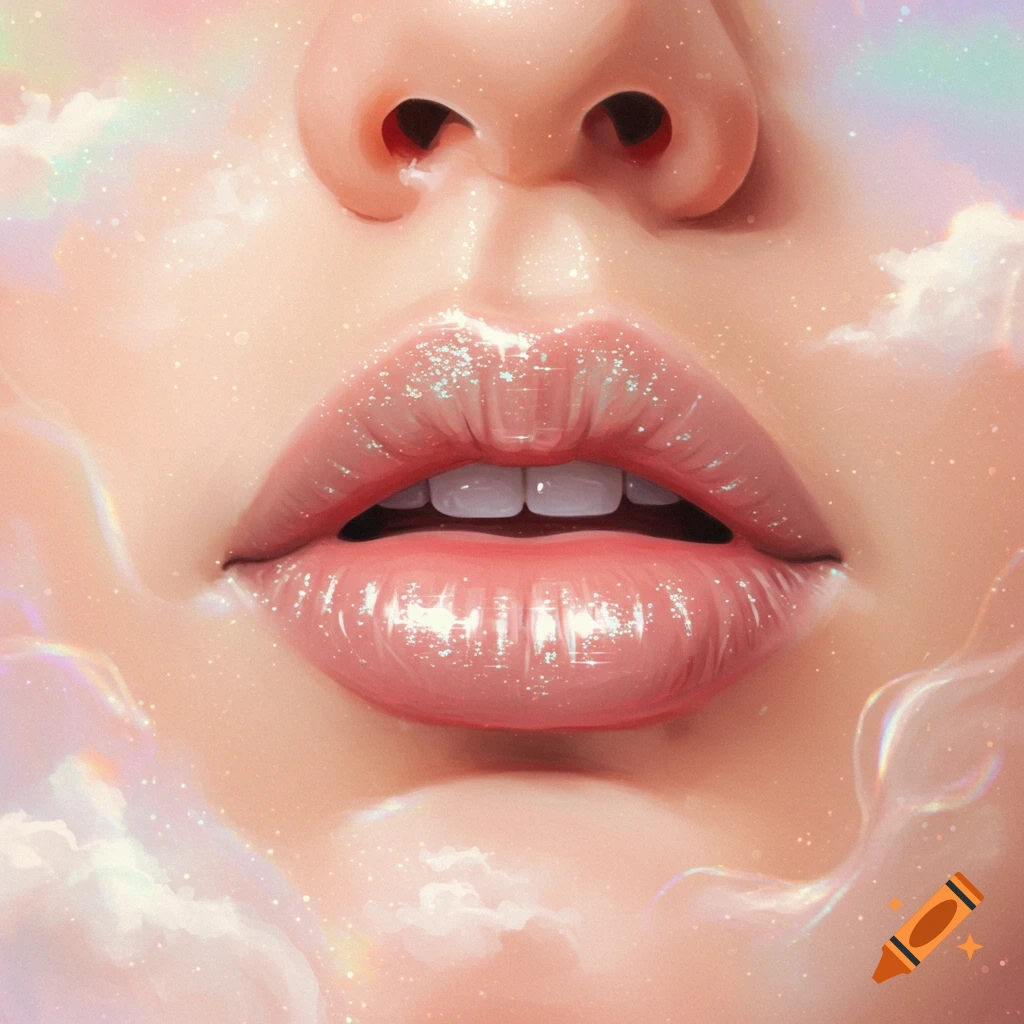 Digital art close-up of sparkling pink lips with a nose, surrounded by dreamy pastel clouds.