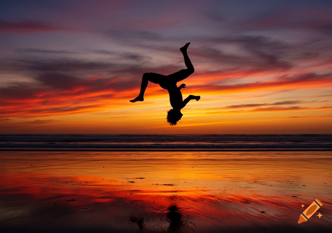 A silhouette of a person doing a backflip on a beach at sunset with vibrant orange and purple sky.