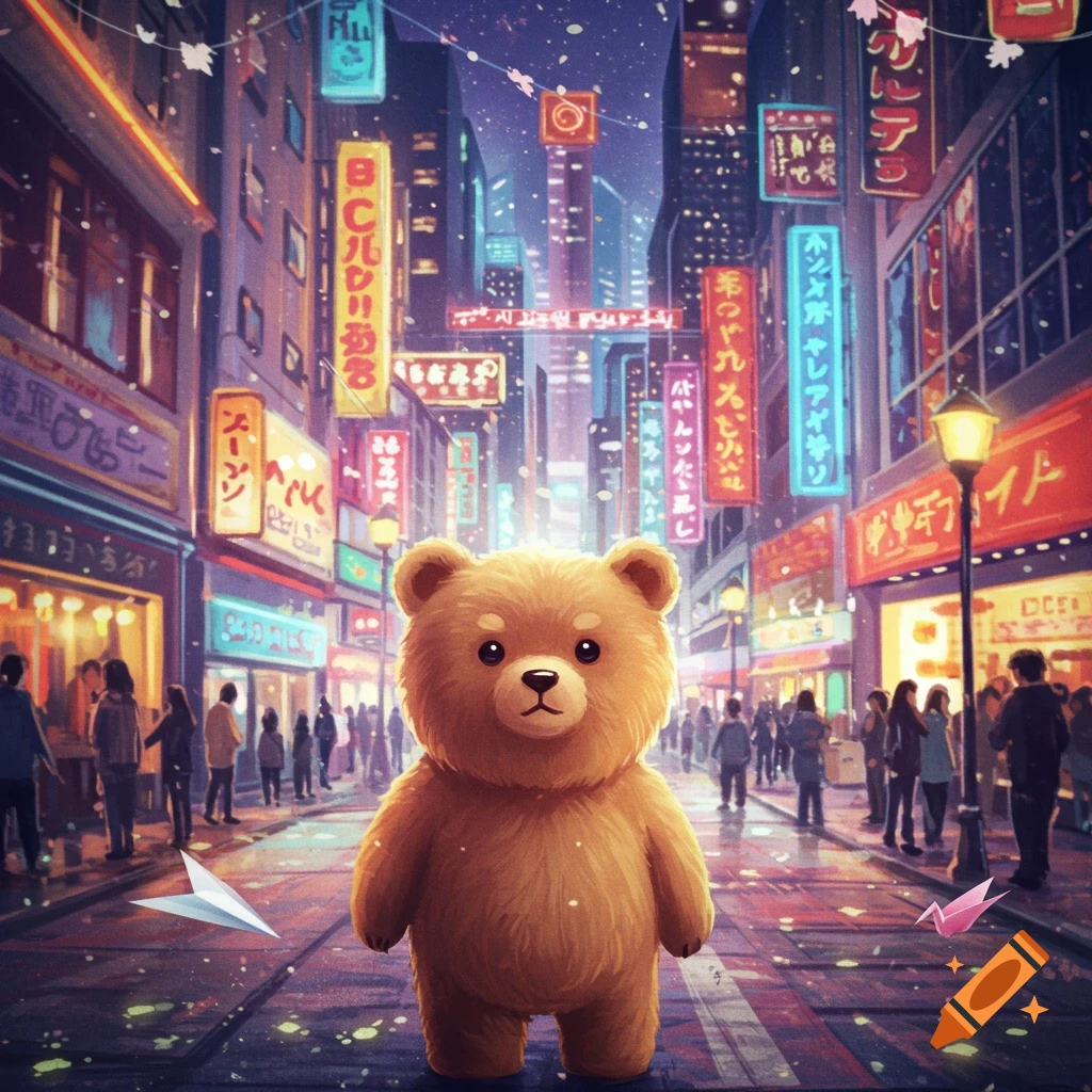 Fluffy brown bear on a wet city street at night, illuminated by numerous glowing neon signs, with blurred people in the background, anime style.