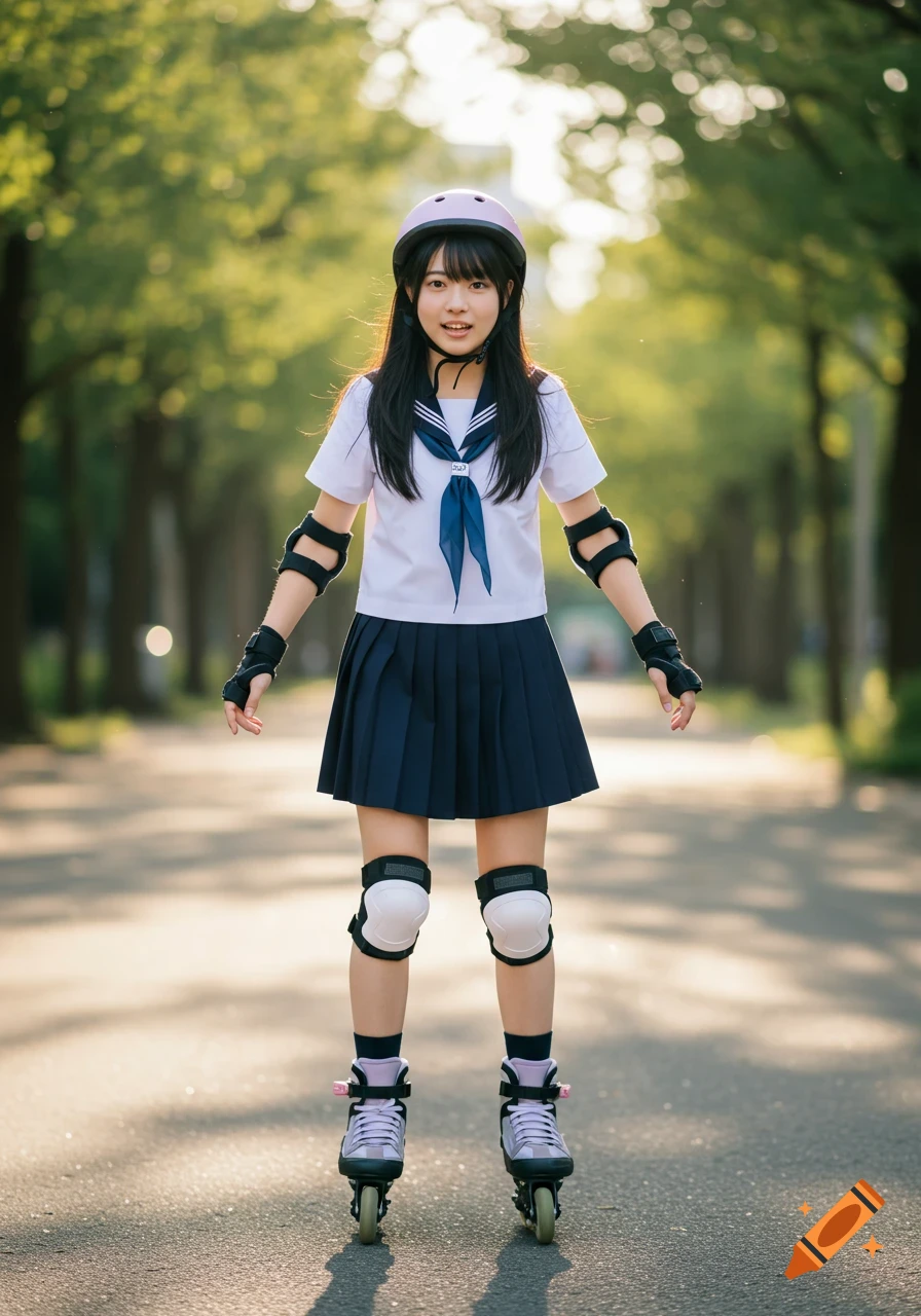 A young girl in a sailor uniform, helmet, and pads smiles nervously while roller skating on a tree-lined path.