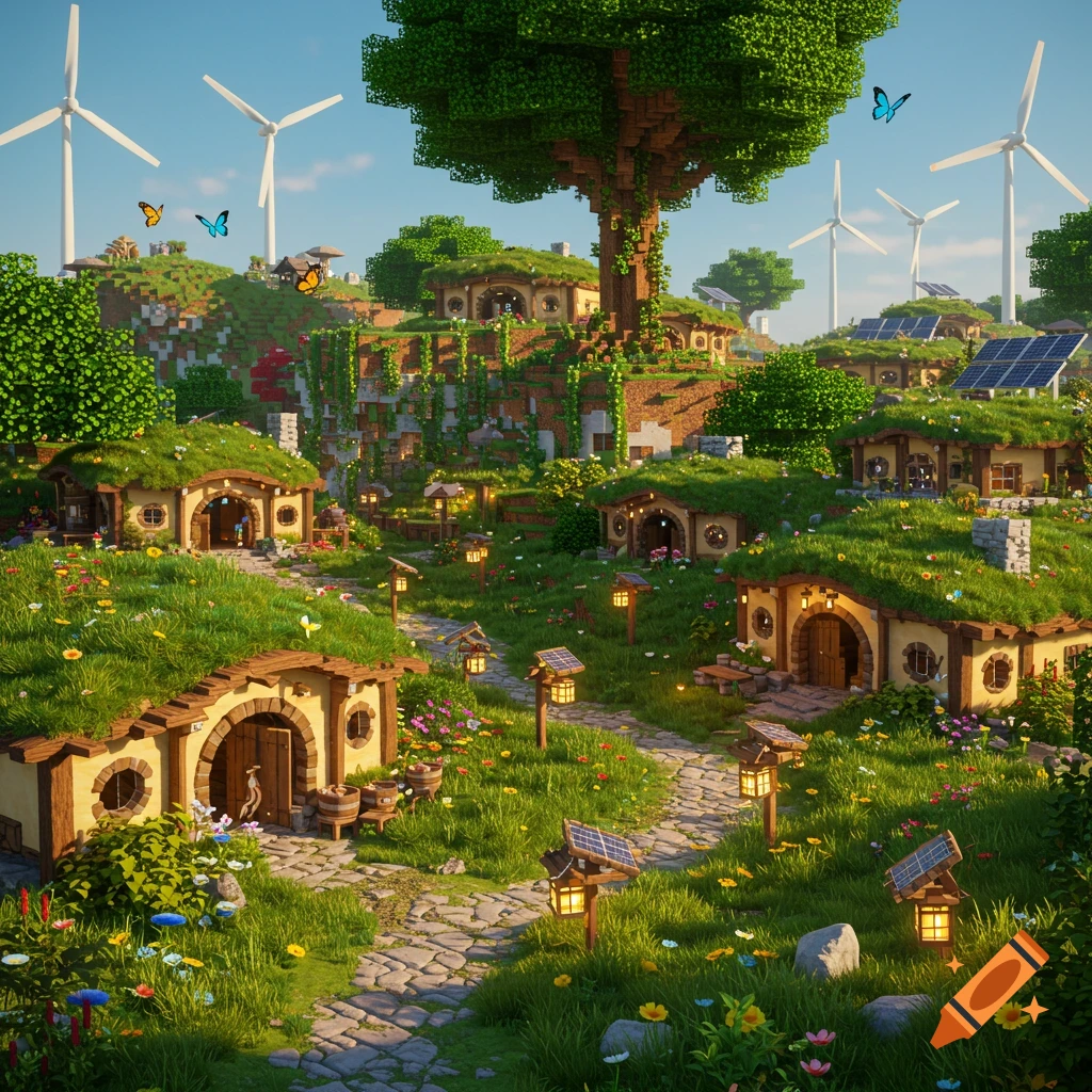 Solarpunk village with hobbit homes, solar panels, and wind turbines, in a detailed Minecraft style.