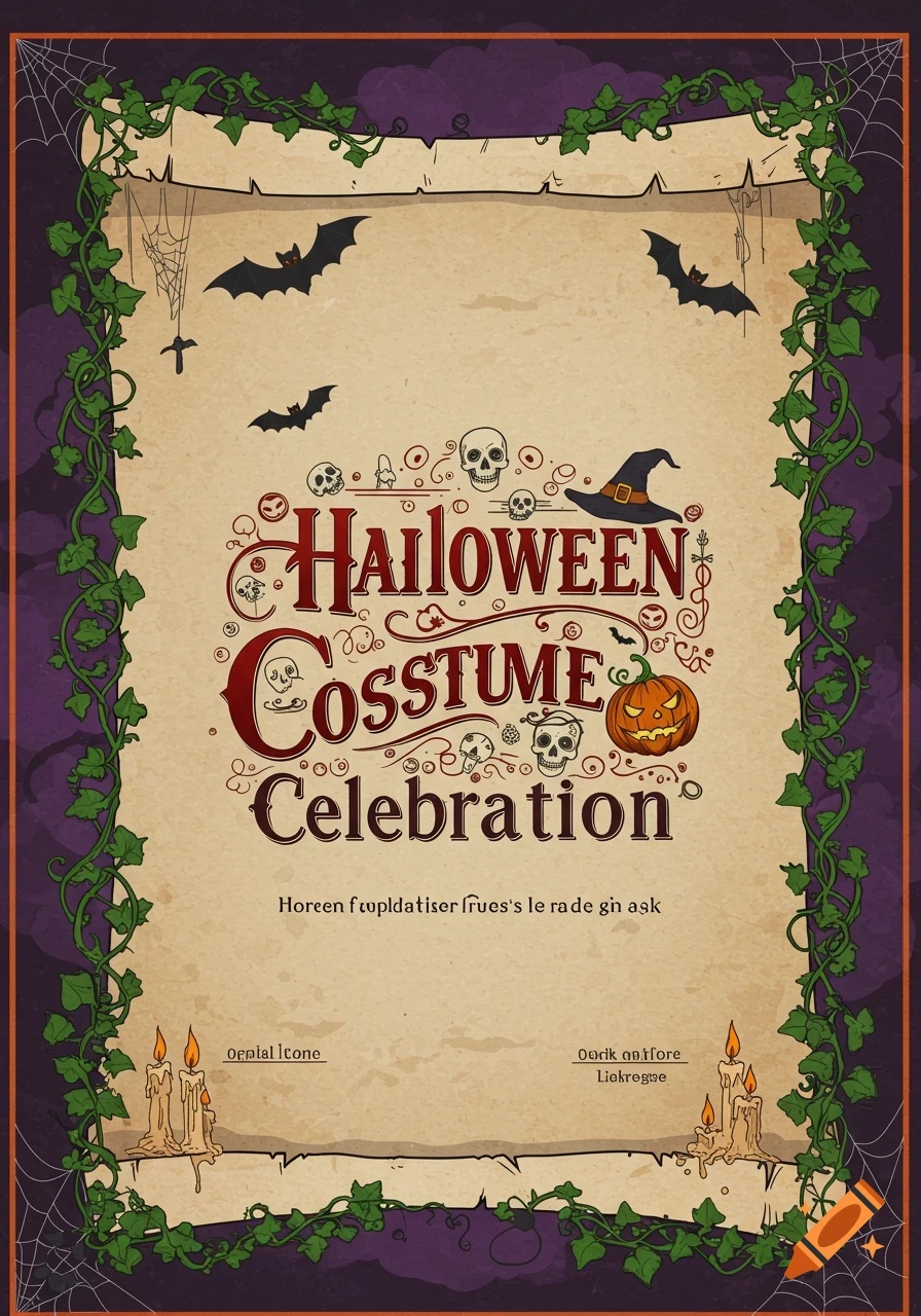 An illustrated Halloween party invitation on a scroll, framed by green vines and spiderwebs, featuring bats, skulls, a witch hat, a jack-o'-lantern, and candles. Text reads 'Hailoween Cosstume Celebration'.
