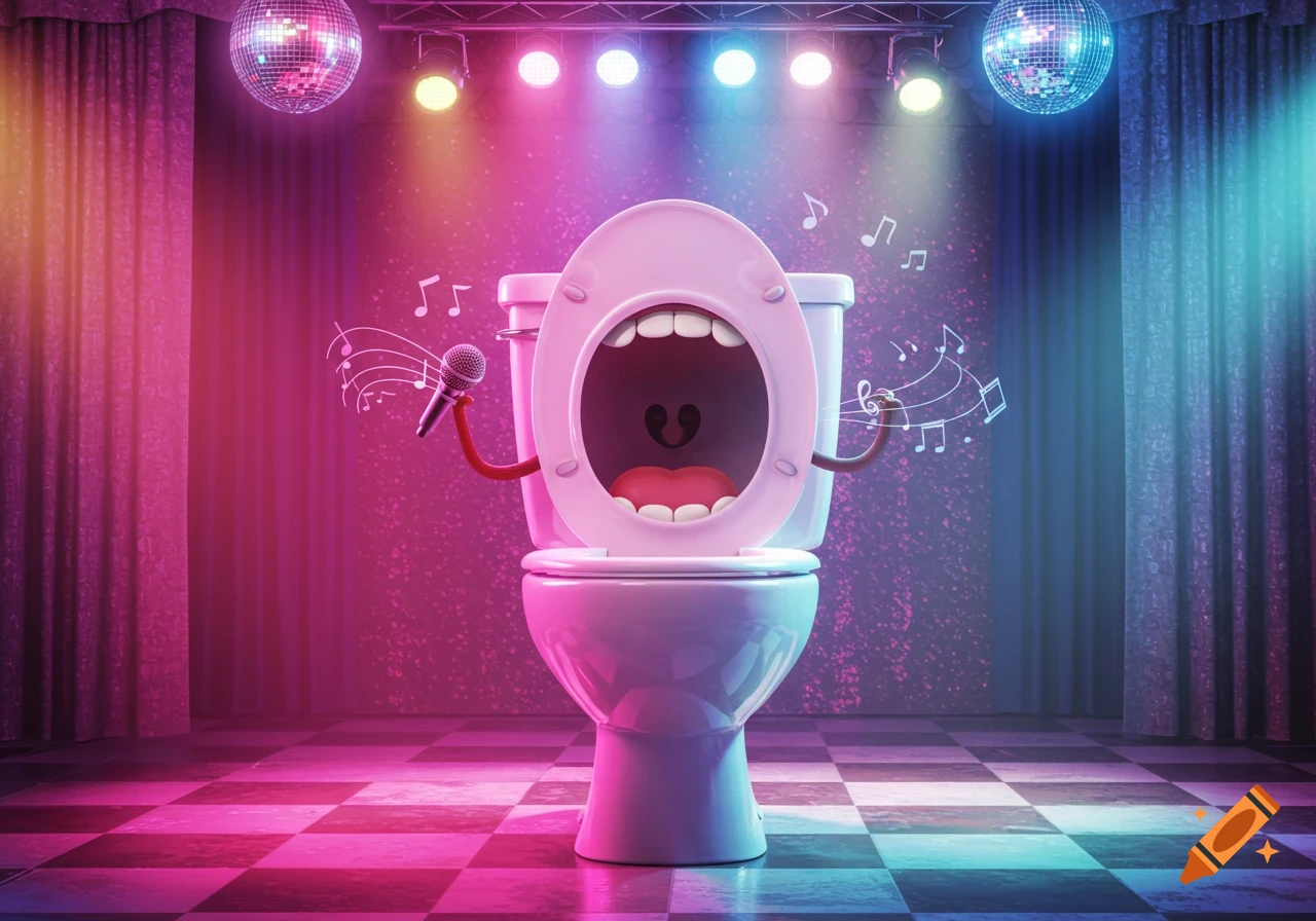 A cartoon Skibidi Toilet character singing into a microphone on a vibrant stage with disco balls and musical notes, rendered in a bright, colorful style.