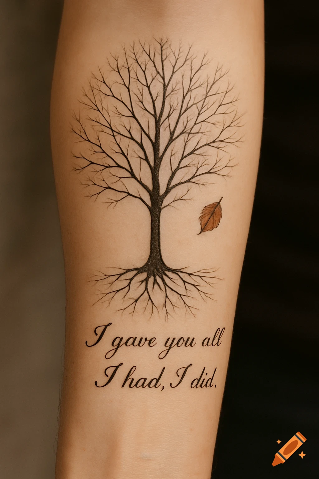 A detailed forearm tattoo featuring a barren tree with intricate branches, a single brown leaf falling, and the text 'I gave you all I had, I did'.