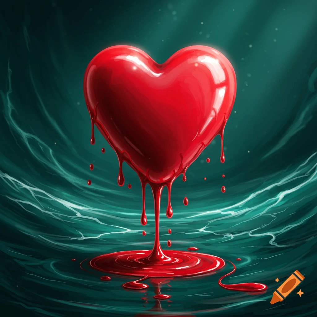 A glossy red heart drips red liquid onto a wavy teal surface in a dramatic, stylized illustration.