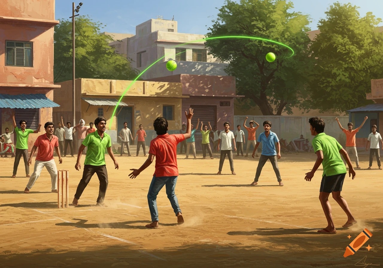 A stylized illustration of men playing tennis ball cricket on a dusty field with buildings in the background, a glowing green line shows the ball's path.