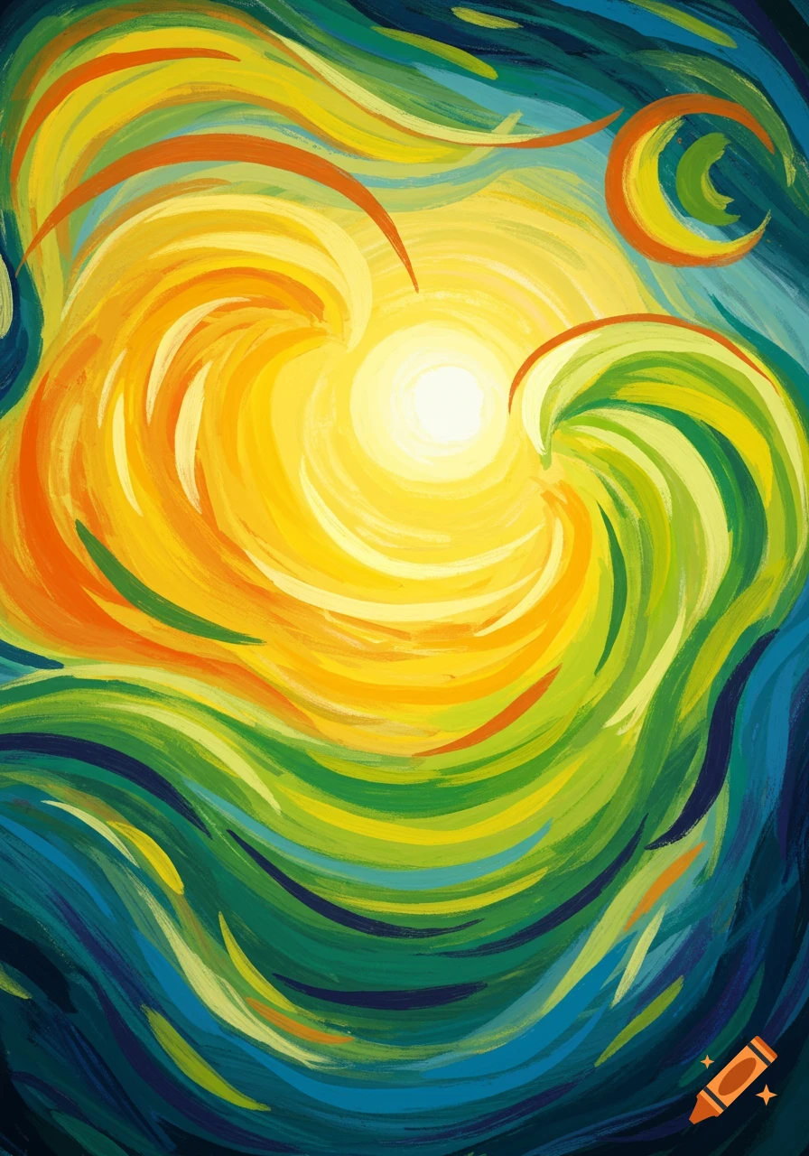 Vibrant abstract painting with a bright yellow swirling center, surrounded by expressive brushstrokes of orange, green, and blue.