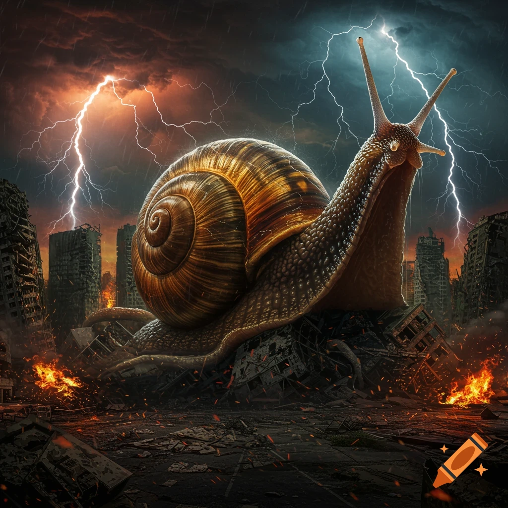 A giant snail looms over a ruined city under a stormy, lightning-filled sky, with fires burning amidst the debris.