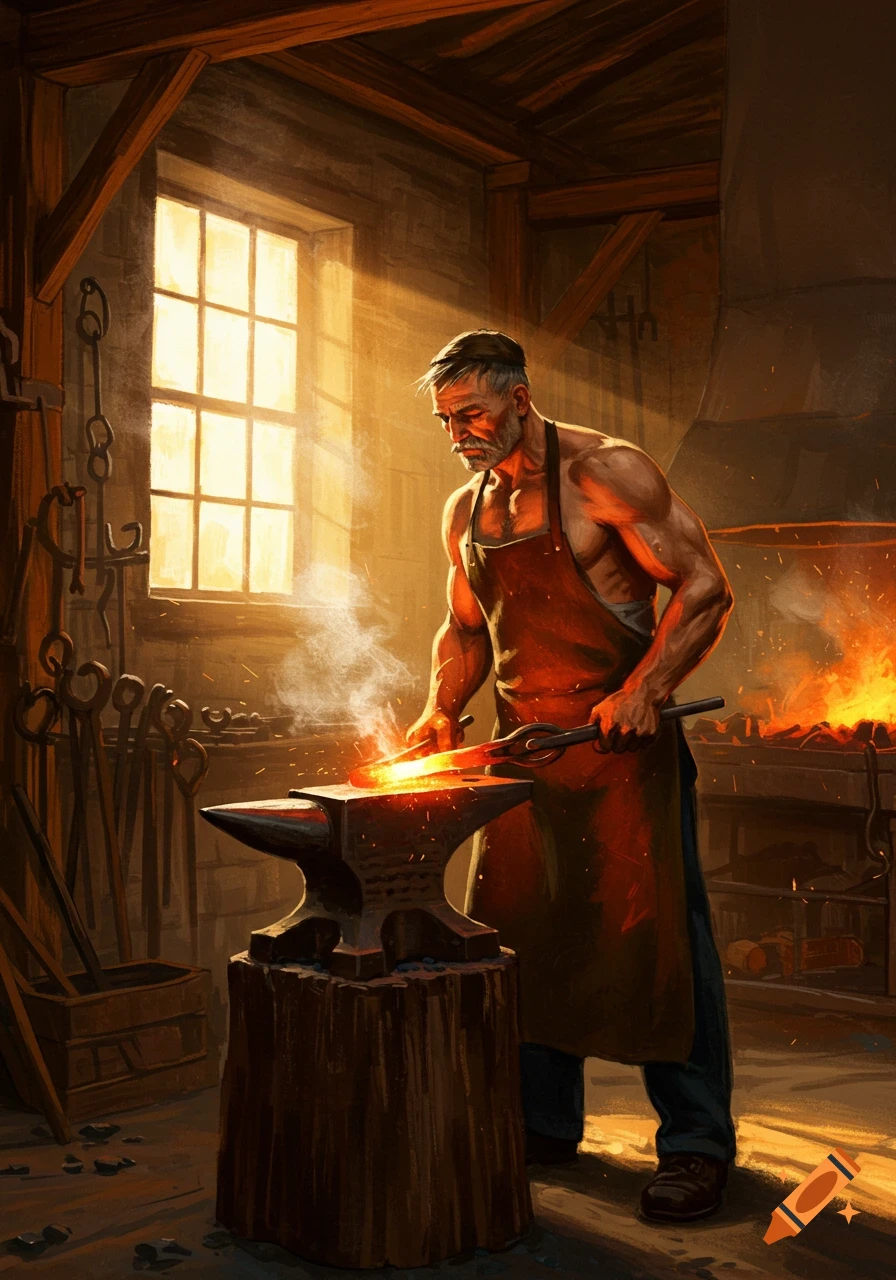 A muscular blacksmith in an apron works a glowing metal piece on an anvil in a rustic, sunlit workshop.