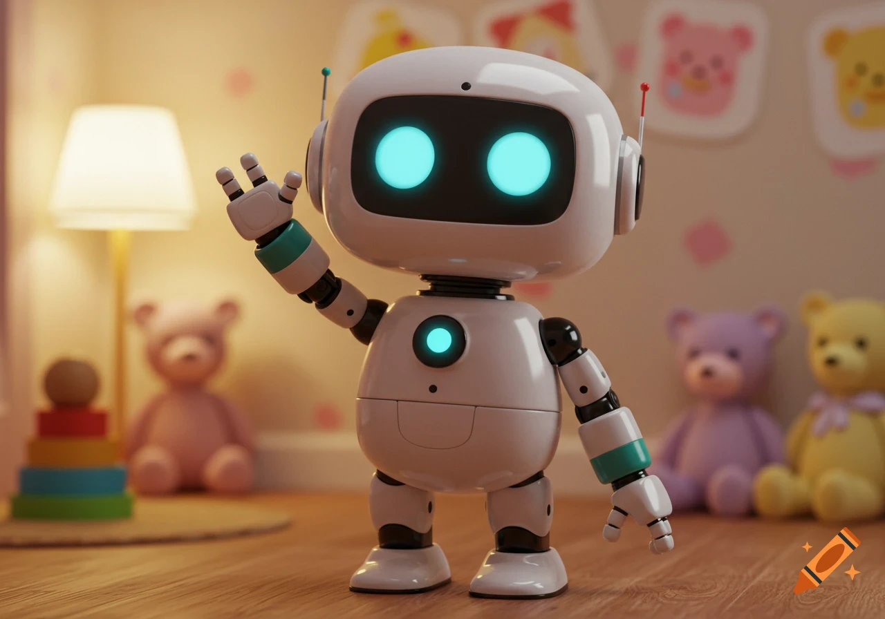 A cute white and black toy robot with glowing blue eyes waves in a child's room with teddy bears and toys.