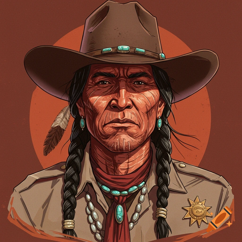 Stylized illustration of a serious Native American man wearing a cowboy hat, braids, a uniform with a sheriff's badge, and turquoise jewelry.