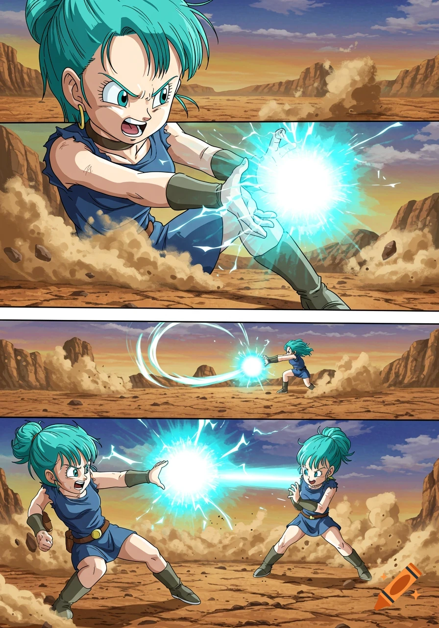 A four-panel anime comic shows Bulma from Dragon Ball performing a powerful blue energy blast in a desert landscape.