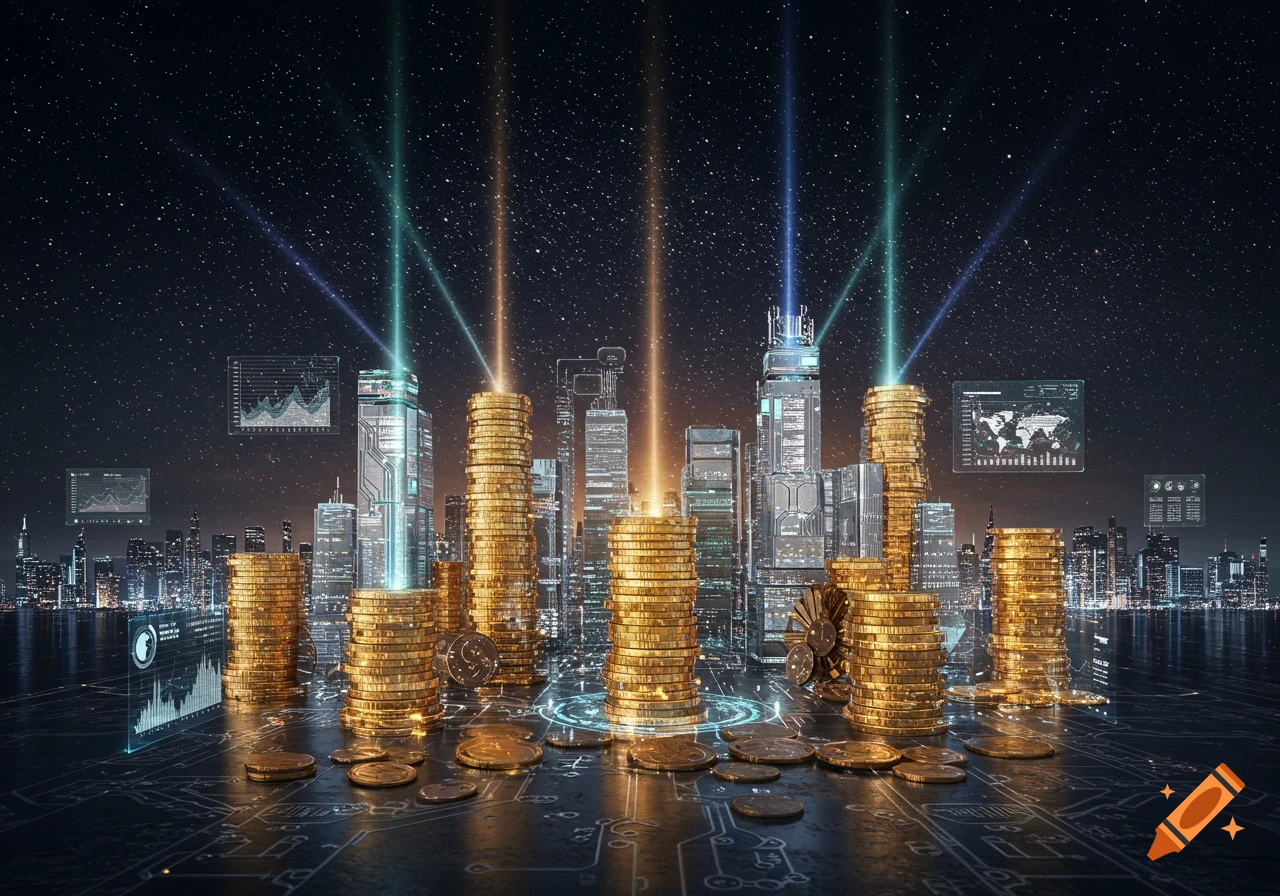 A futuristic city skyline with buildings made of gold coin stacks, digital charts floating in a starry sky, and circuit board patterns on the ground.