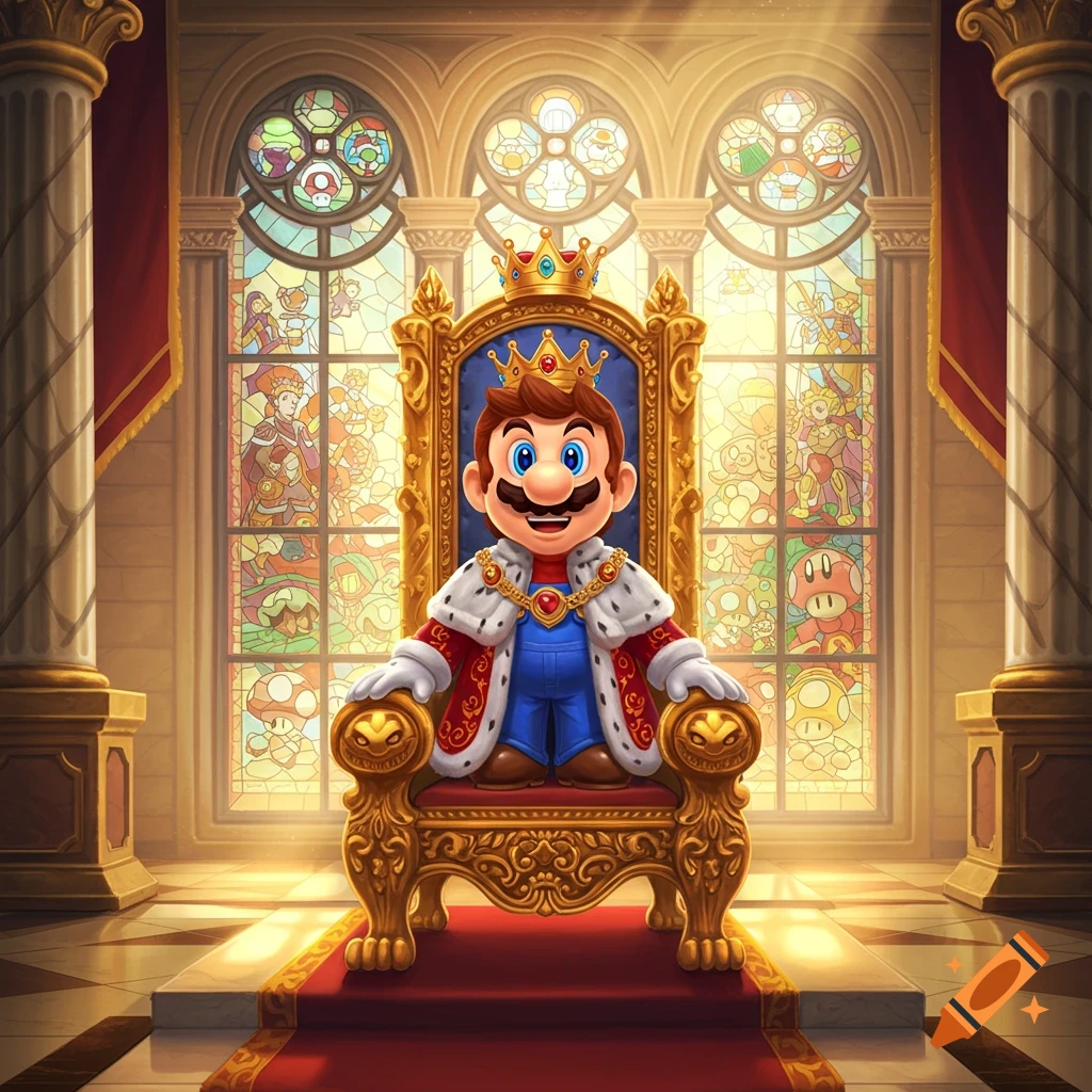 King Mario sits on a golden throne in a regal hall with large stained-glass windows depicting Mario-themed elements.