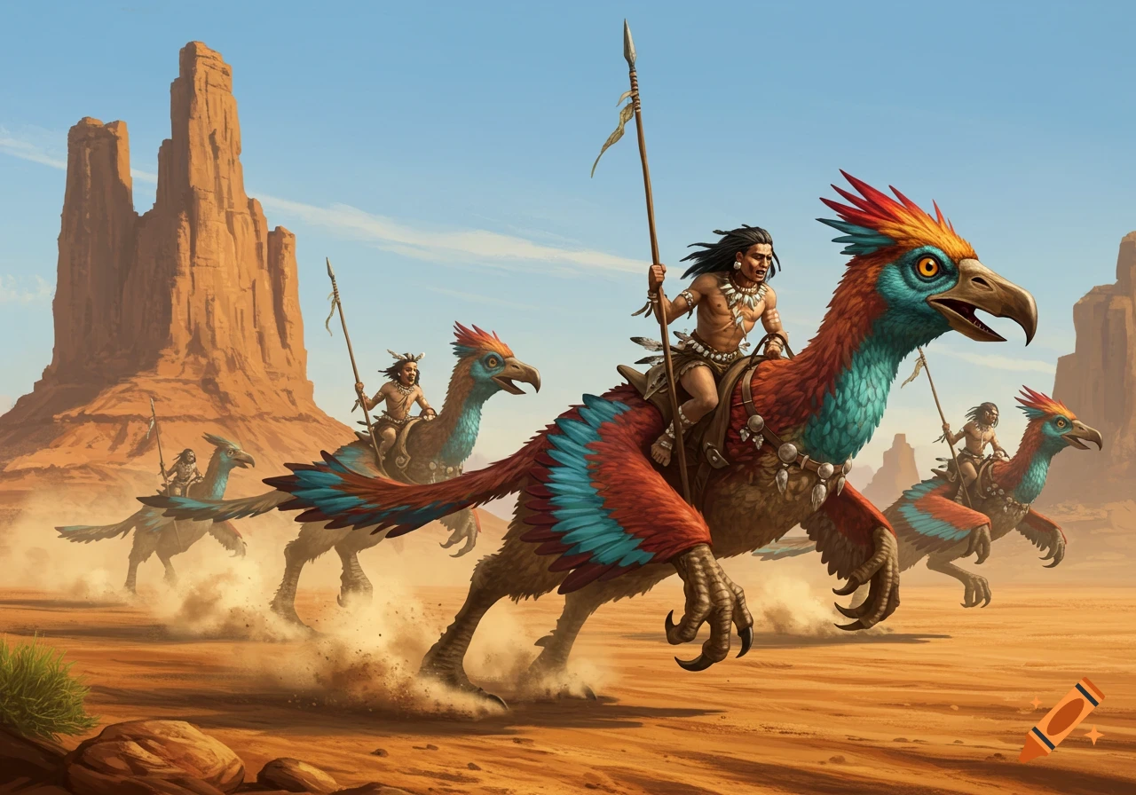 Tribal warriors riding colorful terror birds across a dusty desert landscape with large rock formations.