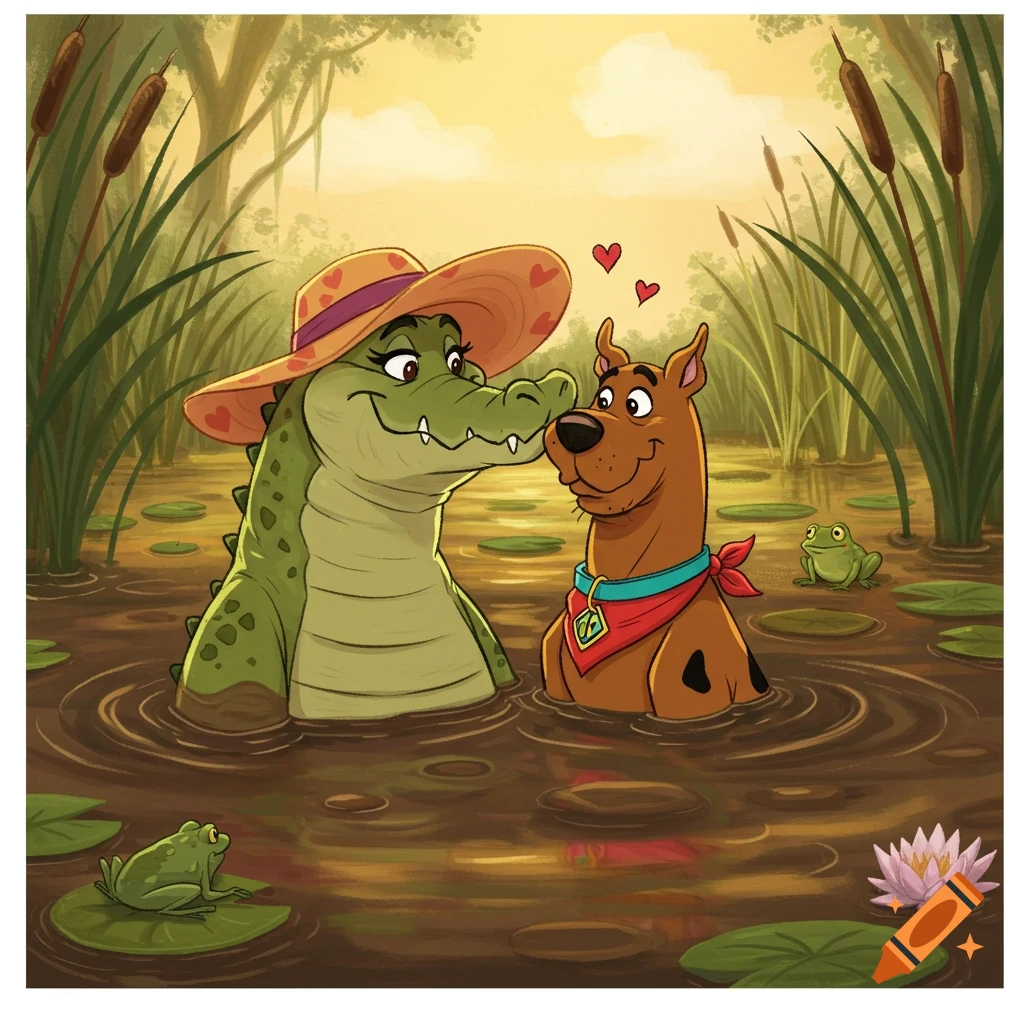 Cartoon alligator in a hat and Scooby-Doo in love, neck-deep in a swamp with frogs and lily pads.