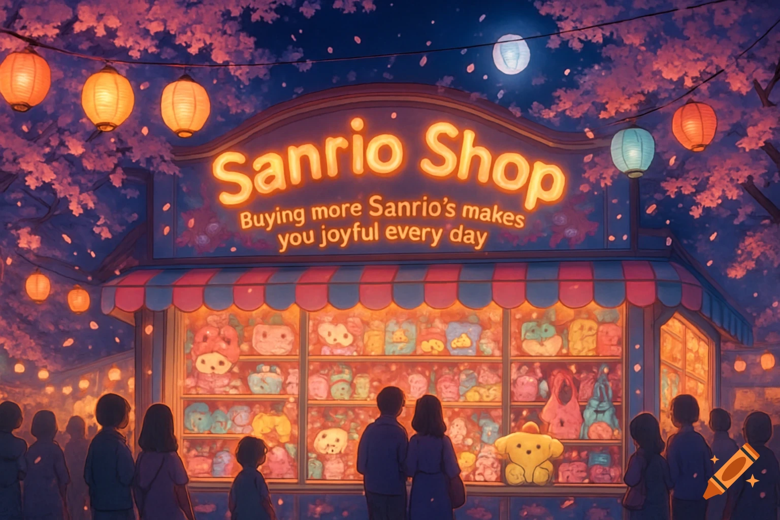 A glowing Sanrio Shop sign at a cherry blossom night festival, with lanterns and people looking at the merchandise.